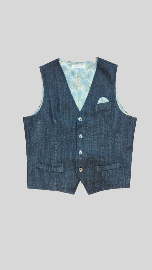 Gilet uomo in denim scuro – elegante, versatile e con fodera fantasia